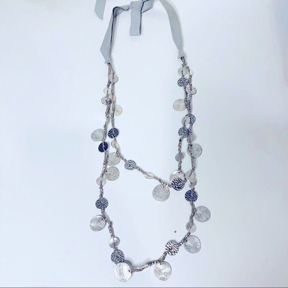 Silver Hammered Disc Beaded Double Layer Necklace Ribbon Tie - Picture 1 of 6